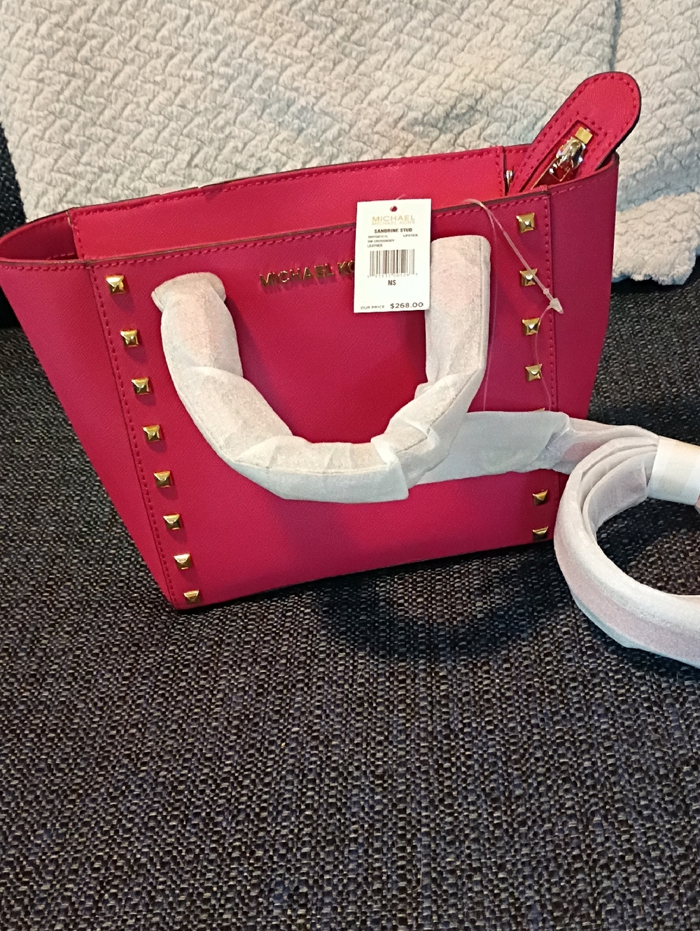 MICHAEL KORS Hot Pink Saffiano Leather Studded Tote